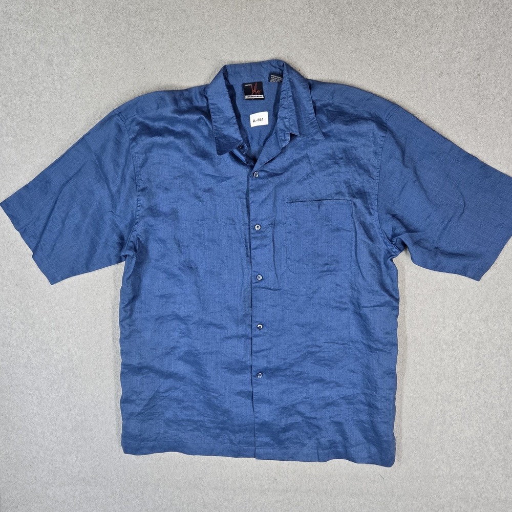 Jordan Craig Men Button Up Shirt L Blue Linen Shirt Logo Short Sleeve